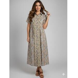 Victoria Dunn Dress Womens Small Blue Yellow Madrid Midi Resort Cottagecore